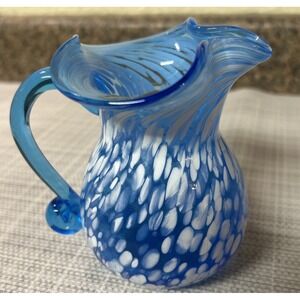 Old Small HAND BLOWN White SPLATTER Blue Art Glass PINCHED SIDES VASE/CRAFE